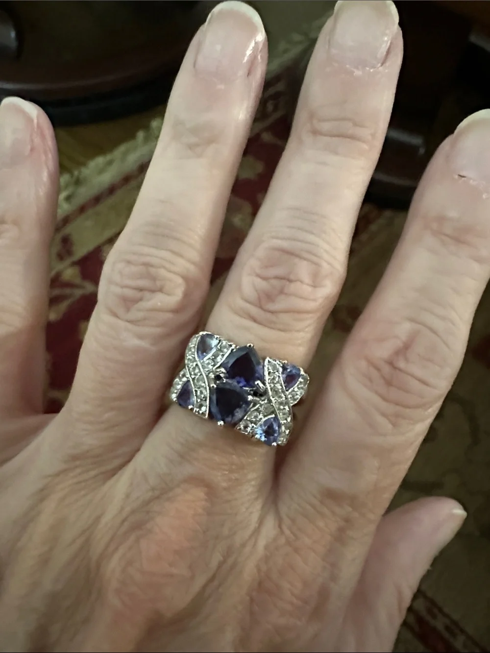 Silver Band Ring with Deep Blue-Purple Gemstones and Pavé Details